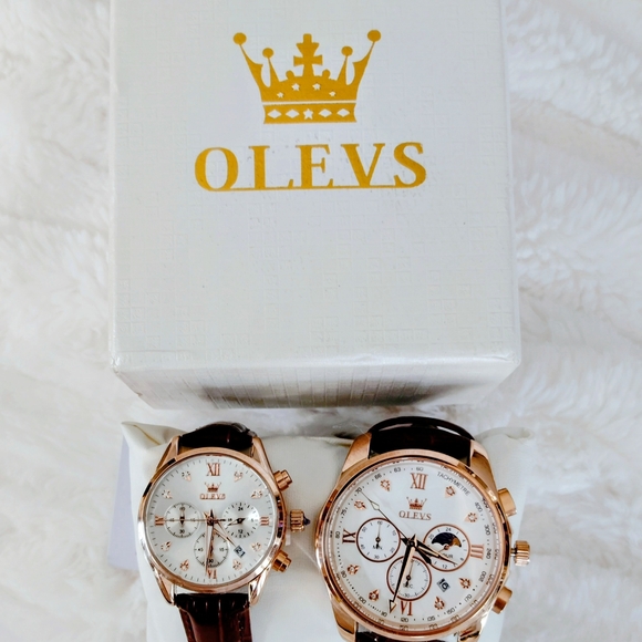 OLEVS Men's And Women's Rose Gold and Brown Watch Set - Picture 3 of 3